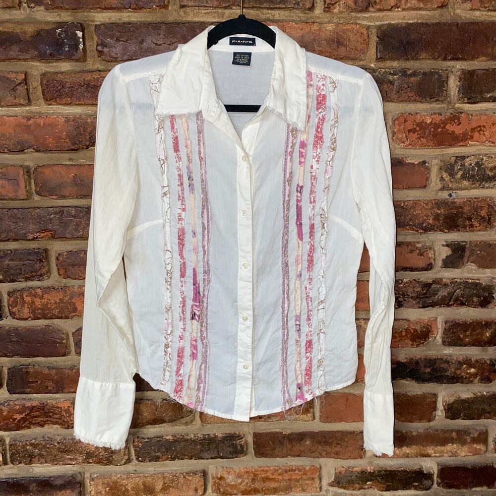 FANG Vintage Y2k Cream Floral Distressed Button Down Shirt Women's Size Medium